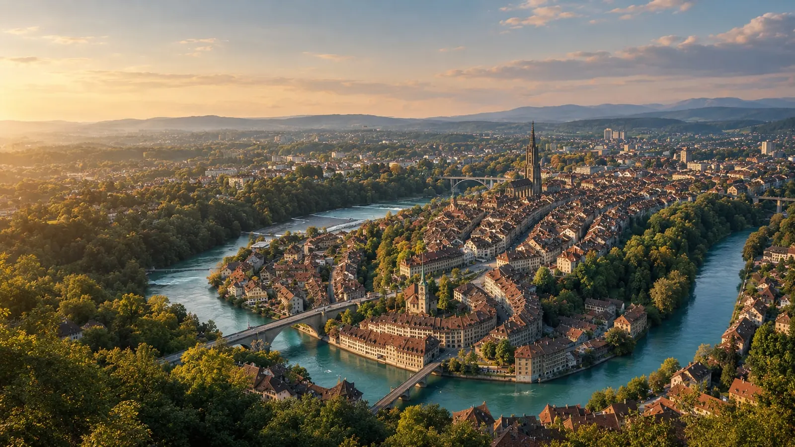 Blick von oben über die Berner Altstadt und die Aareschlaufe im Abendlicht