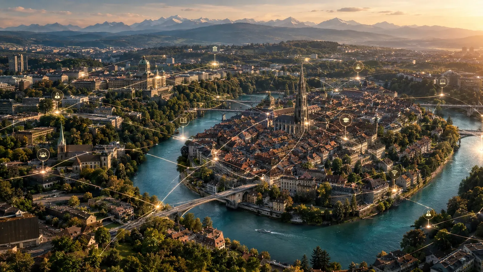 Berner Altstadt aus der Luft, überlagert von einem Netz aus Verbindungslinien und Knotenpunkten